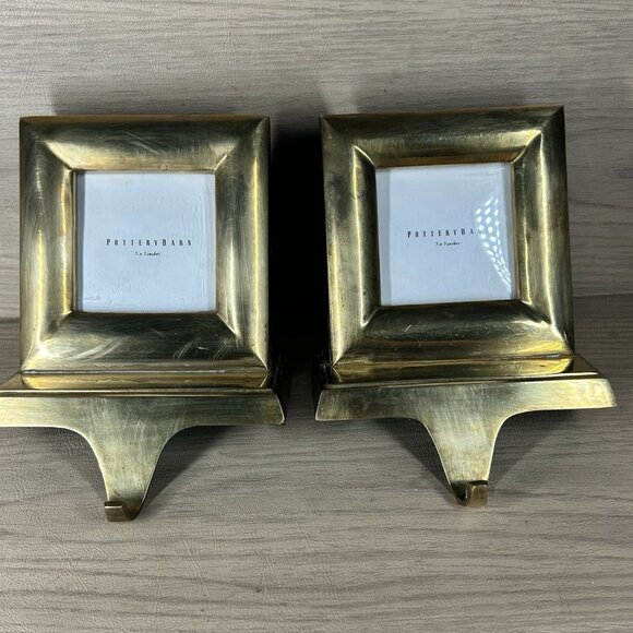Pottery Barn Brass 2.5x2.5 Picture Frame Stocking Holder Set of 2 Christmas - Picture 1 of 6